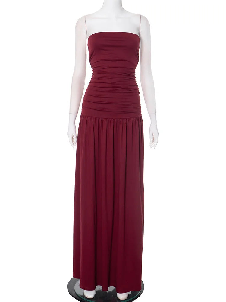 Mozision Off-shoulder Strapless Pleated Sexy Maxi Dress Women Fashion Backless Sleeveless High Waist Ruched Long Dress Elegant