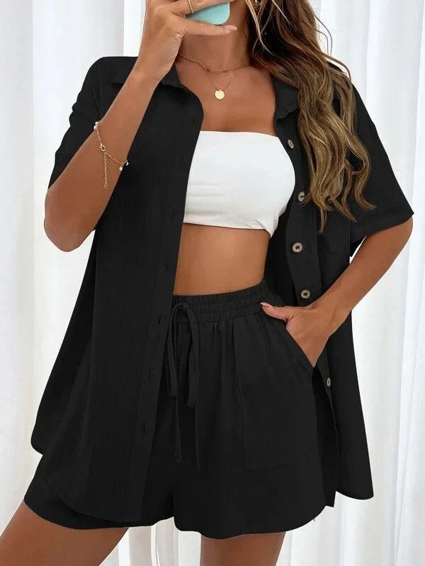 Long Sleeve Single breasted Top Broad legged Shorts Set Fashion Ladies Sexy Solid Suits 2024 Summer 2 Piece Outfits For Women