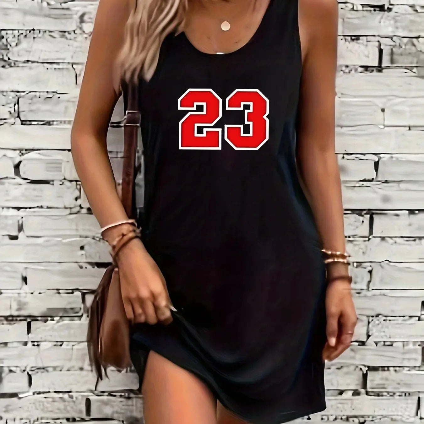 Women's summer loose and comfortable casual color portrait pattern print black sleeveless vest skirt punk style dress