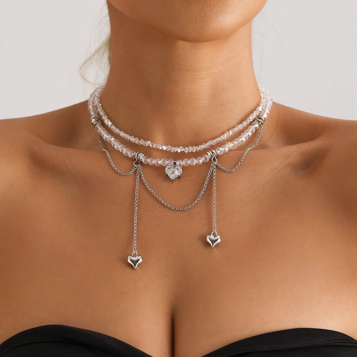 Fashion Heart Beaded Necklace for Women Boho Elegant Irregular Crystal Chain Y2K Choker Exquisite Party Gift Jewelry Accessories