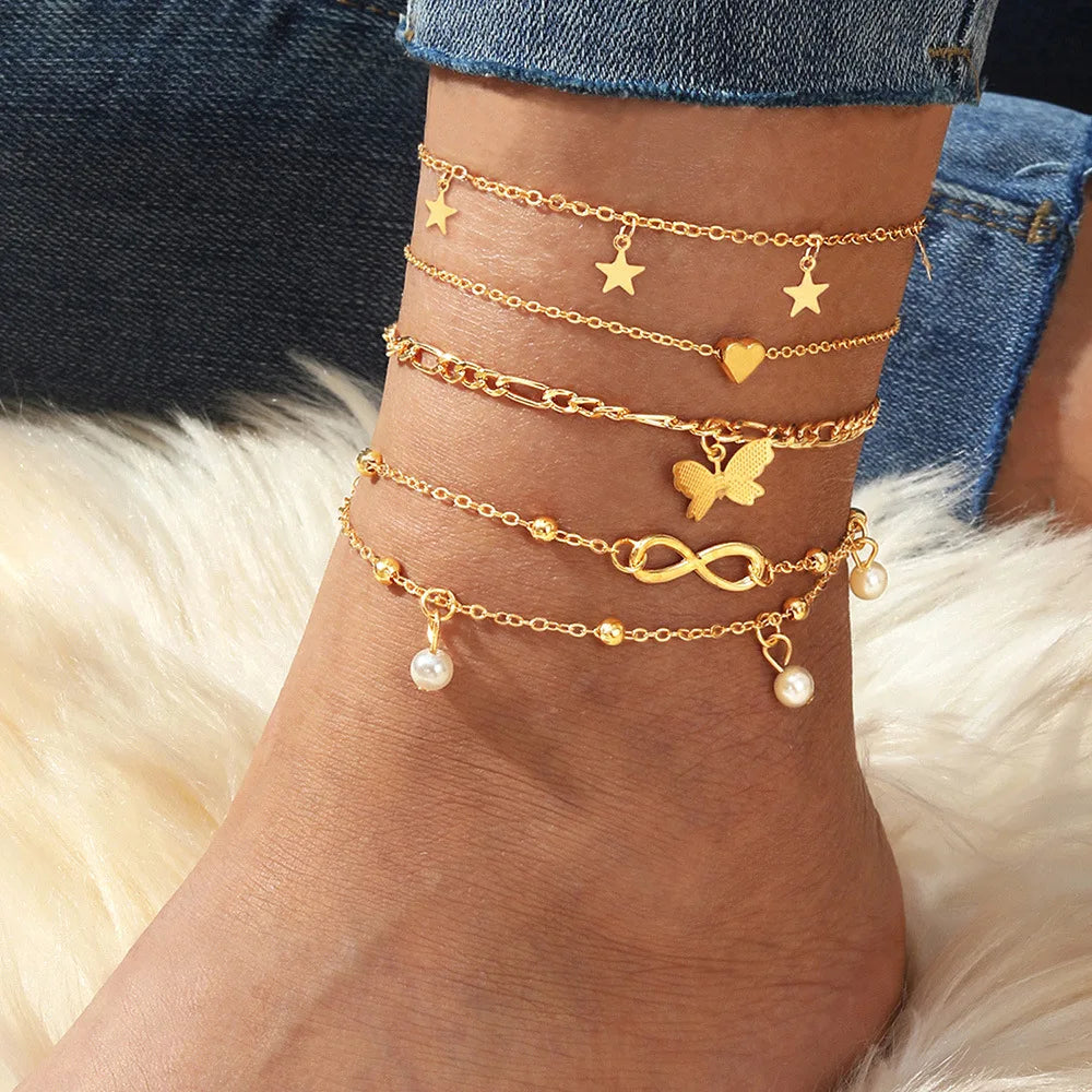 Bohemia Butterfly Anklet Set For Women Star Heart Pearl Charm Ankle Bracelet Female Summer Vacation Beach Jewelry Accessories