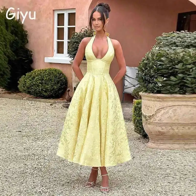 Giyu Club Evening Party Dresses Women 2025 Summer Sexy Bow Halter Long Dress Elegant Jacquard Lace Up Backless Birthday Robe