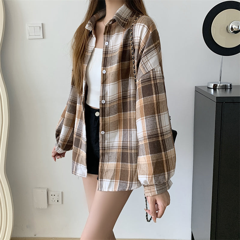 Women Tartan Shirt Long Sleeve Collared Button Up Oversized Plaid Shirt Jacket Grunge Fashion Teenage Girl Spring Summer Outfit