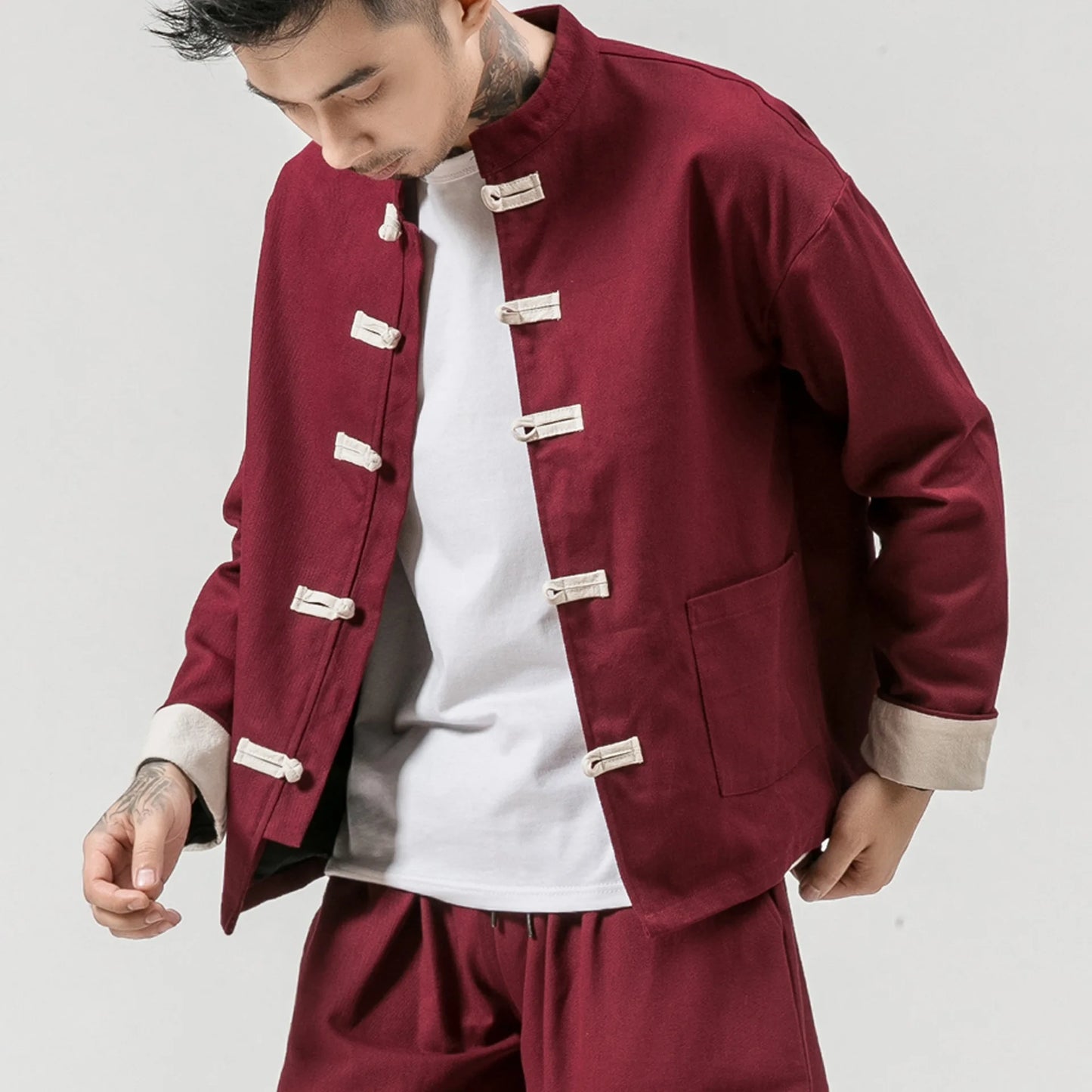 Chinese Wind Cotton Buckle Large Men's Casual Jacket Jacket Retro Stand-up Collar Tang Suit Top Batch