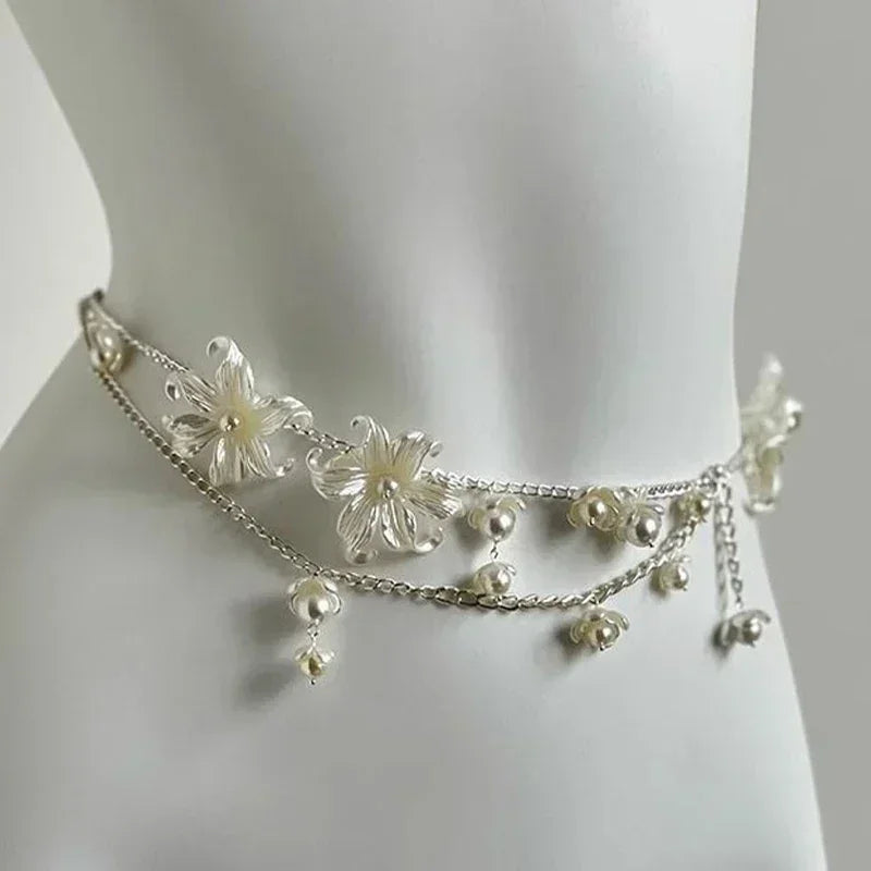 Y2K Designer belt Jewelry Multilayer Pearl waist chain for Women's Fashion Retro Character Playing Body Accessories Party Belts