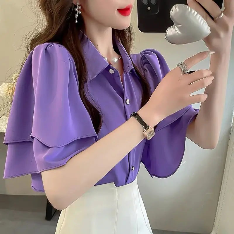 French Lady's Summer Loose Shirt Women's New Loose Blouse Solid Color Ruffle Short Sleeve Chiffon Top