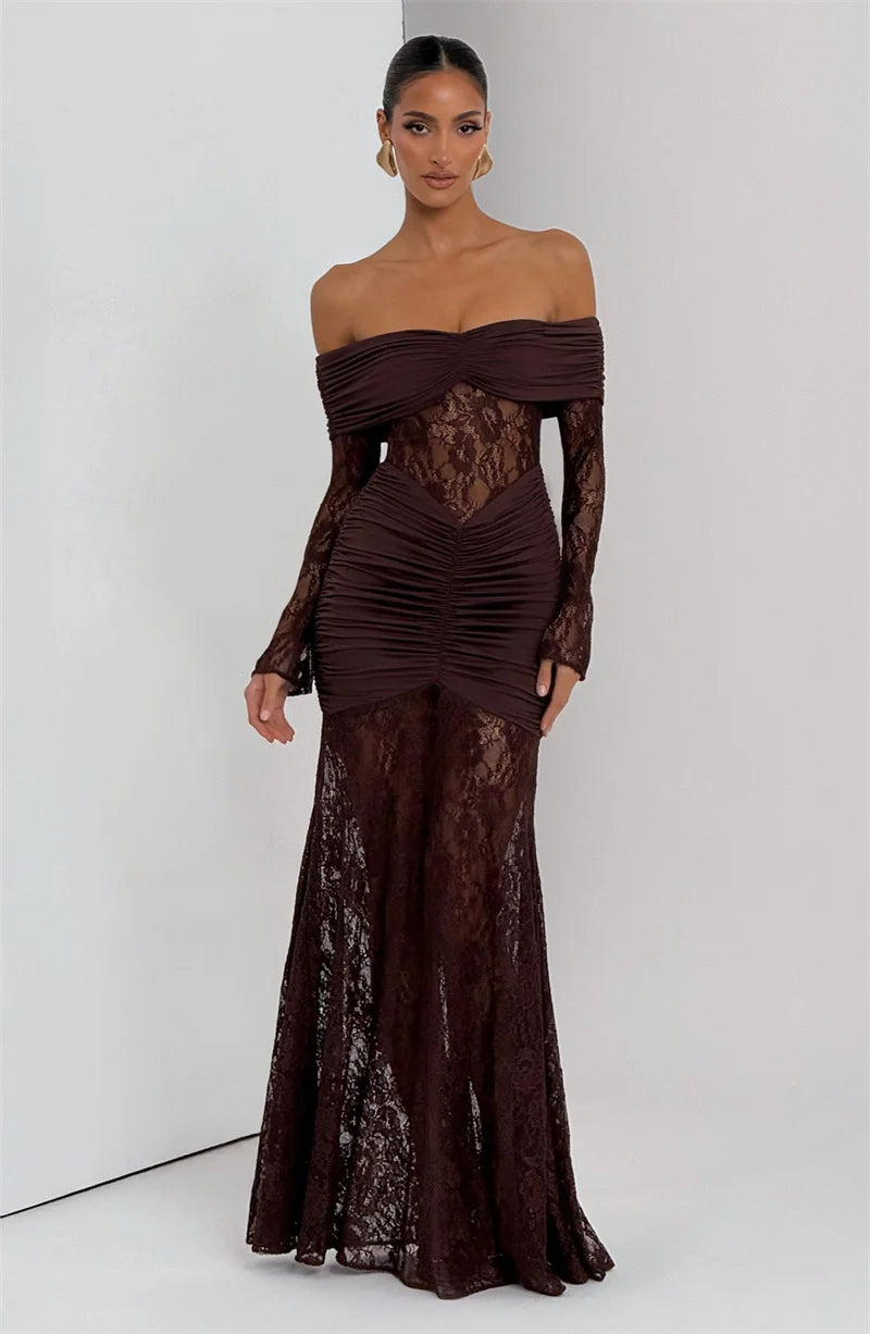 Mozision Off-shoulder Long Sleeve Sexy Maxi Dress Women Fashion Lace See Through Strapless Backless Bodycon Club Party Dresses