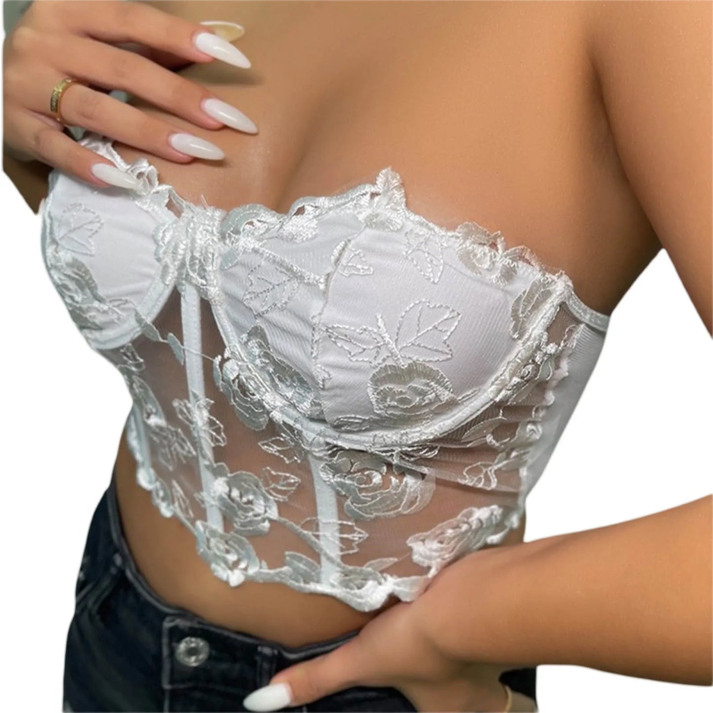 Women´s Bustier Tube Tops Rose Embroidery Flower See Through Off Shoulder Slim Fit Tank Top Summer Vest Aesthetic Grunge Clothes