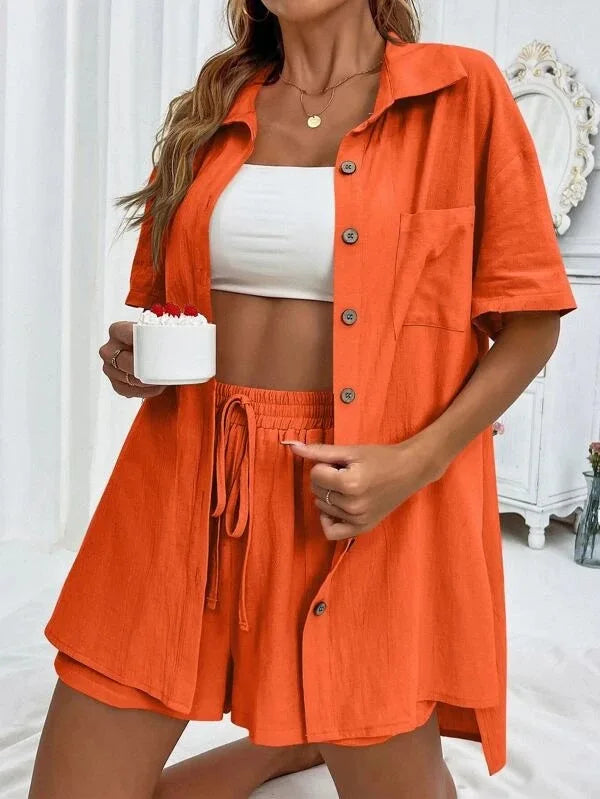 Long Sleeve Single breasted Top Broad legged Shorts Set Fashion Ladies Sexy Solid Suits 2024 Summer 2 Piece Outfits For Women