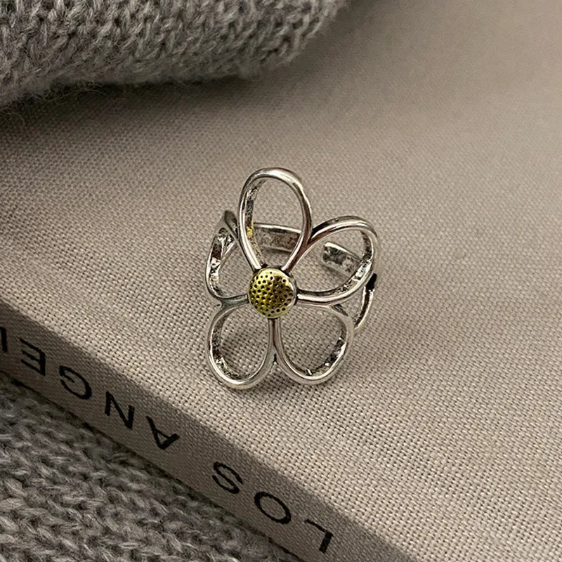 925 Sterling Silver Rings for Women Couple Minimalist Handmade Simple Big Flower Ring Party Prevent Allergy Jewelry Party Gifts