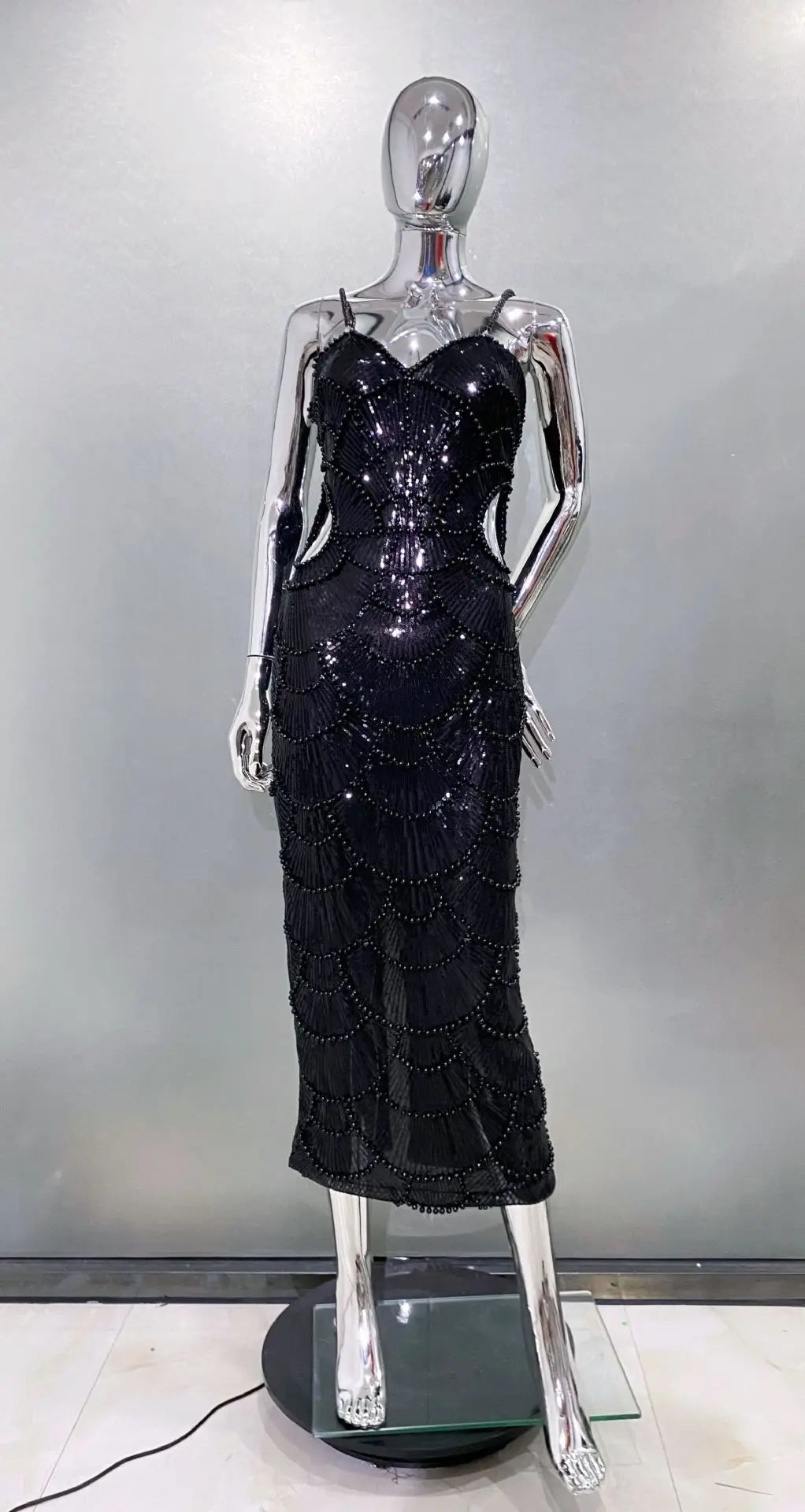 Deluxe Exquisite Sequin Beaded Sexy Hollow Suspender Dress Celebrity Birthday Party Dinner Dress Sweet Date Prom Dress