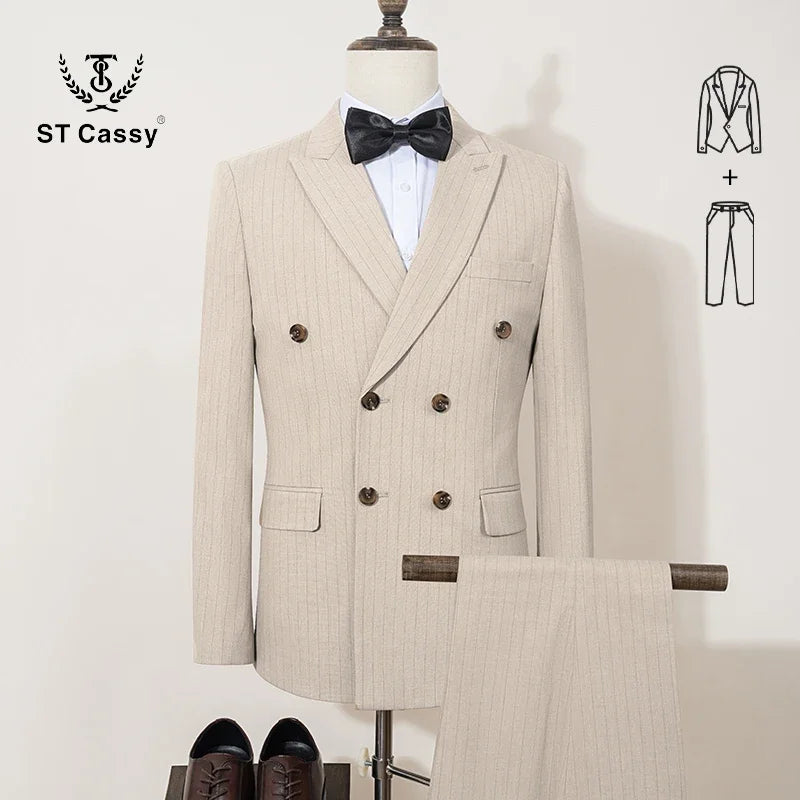 ST Cassy 高品質の男性用ストライプスーツ スリムフィット 高級男性服 エレガントなメンズスーツ ウェディングトレンドコスチューム