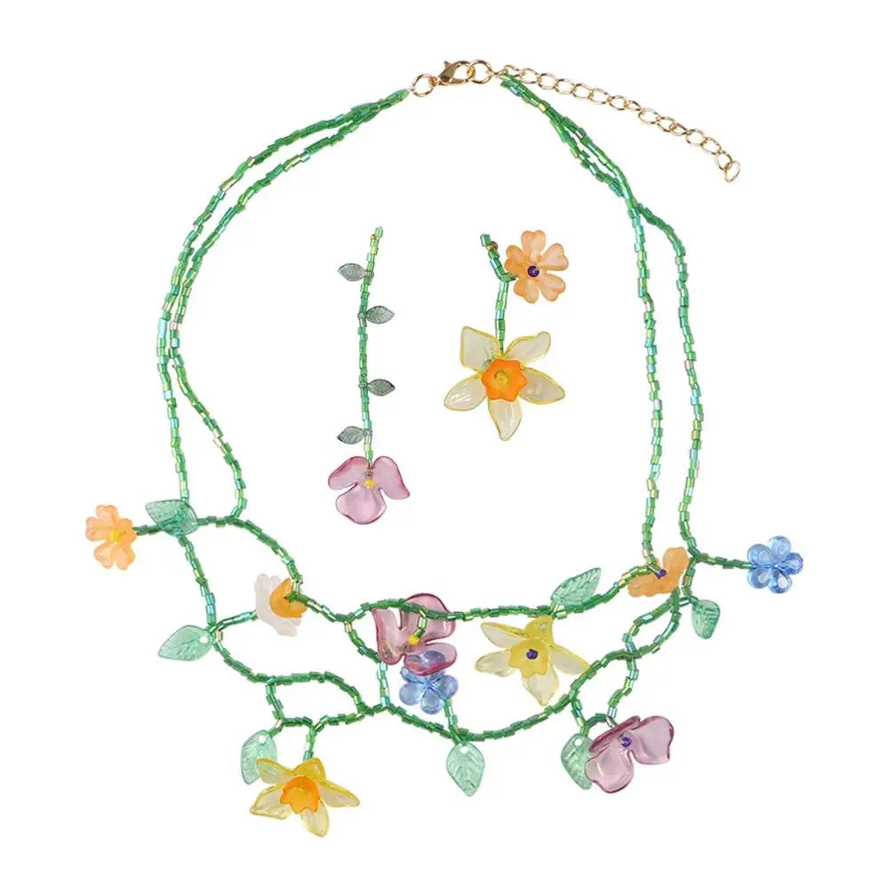 Handmade Resin Flower Necklace Sweet Korean Style Minority Design Asymmetric Earrings Alloy Tassel Beaded Dangle Earring Women