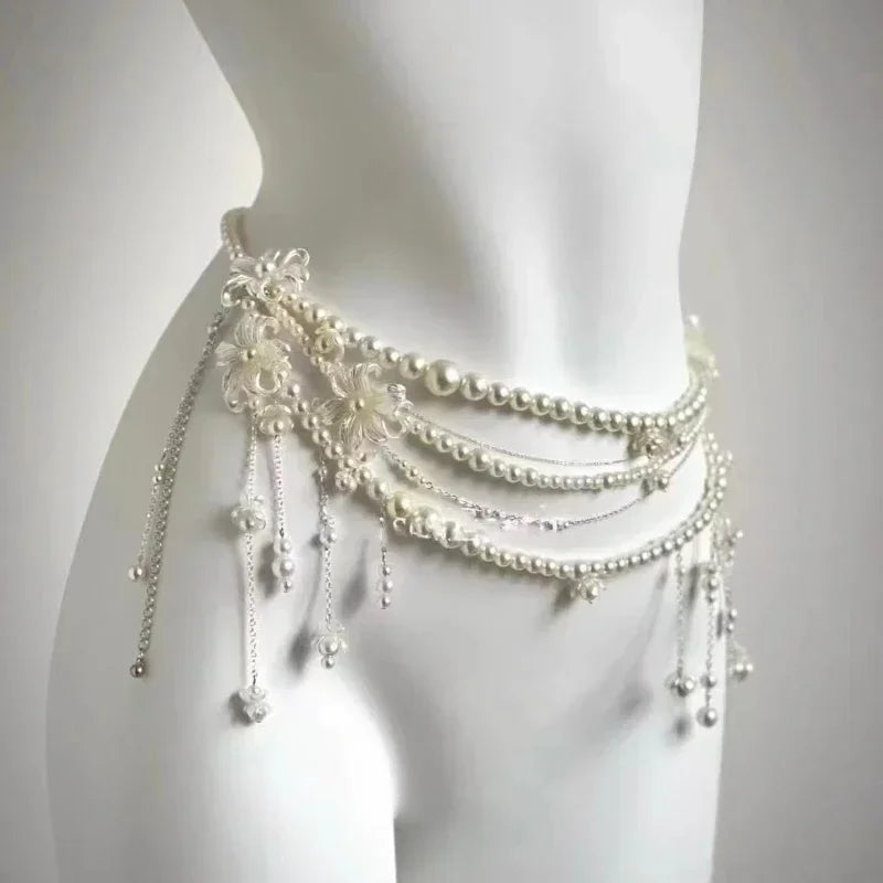 Y2K Designer belt Jewelry Multilayer Pearl waist chain for Women's Fashion Retro Character Playing Body Accessories Party Belts