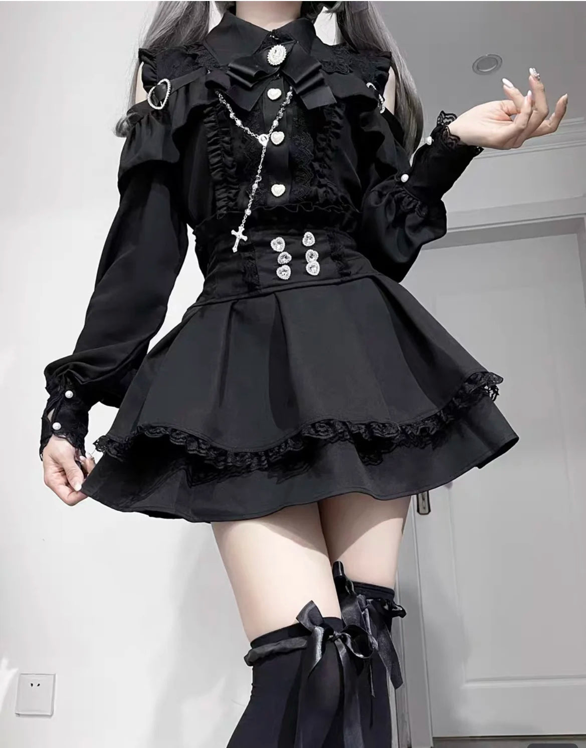 Kawaii Off Shoulder Long Sleeve Shirts Women Black Short Skirt Set Y2K Gothic Ruffle Skirts Lace Lolita Shirt Gown Suit 