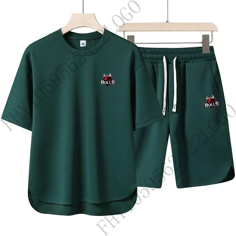 Men's new summer fashion sports suit casual fashion fitness jogging wear round neck T-shirt + breathable disconnect 2-piece set