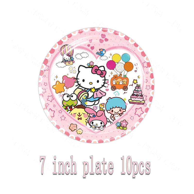 kawaii Sanrio Birthday Party cutlery plate Disposable Banner Cake Topper Hanging Flag Hello Kitty Balloons Birthday Decorations
