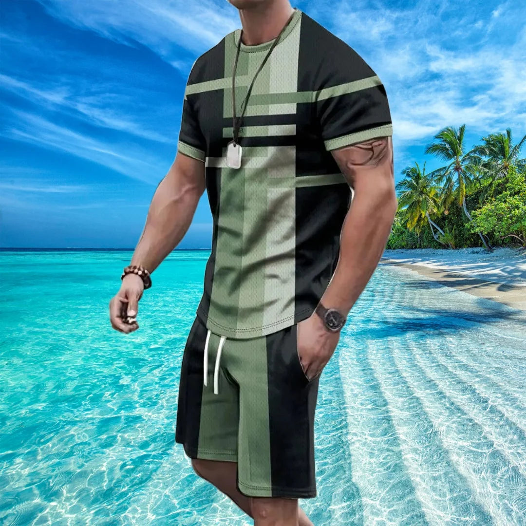 Men Patchwork 3d Printing Short Sleeve Shorts Suit Summer Outdoor Sportswear Casual Fashion Sets Sweat Absorbent and Comfortable