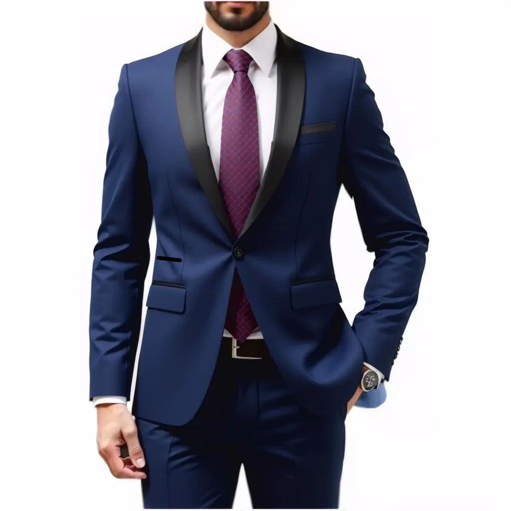 A Two-piece Suit for Men with A Green Collar, A Wedding Suit for The Groom, A Fitted Black Best Man's Suit, and A Wedding Dress