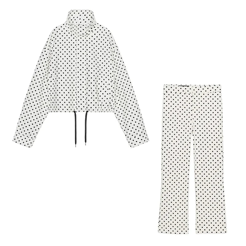 Polka Dot Print Shorts Coats Suits Women Loose High Neck Long Sleeves Zipper Drawstring Sets Female 2025 Autumn New Chic Set