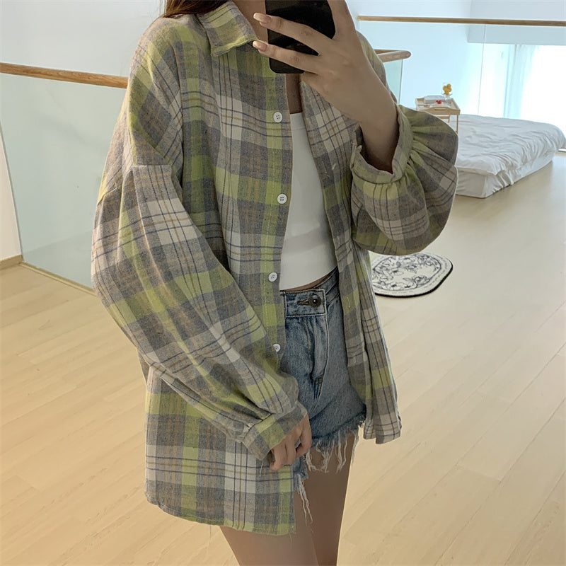 Women Tartan Shirt Long Sleeve Collared Button Up Oversized Plaid Shirt Jacket Grunge Fashion Teenage Girl Spring Summer Outfit