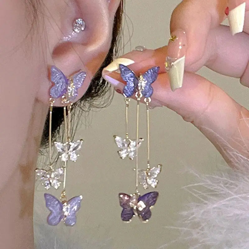 925 Silver Needle Blue Purple Butterfly Long Tassel Earrings For Women Jewelry 2025 Trending New Korean Crystal Drop Earrings