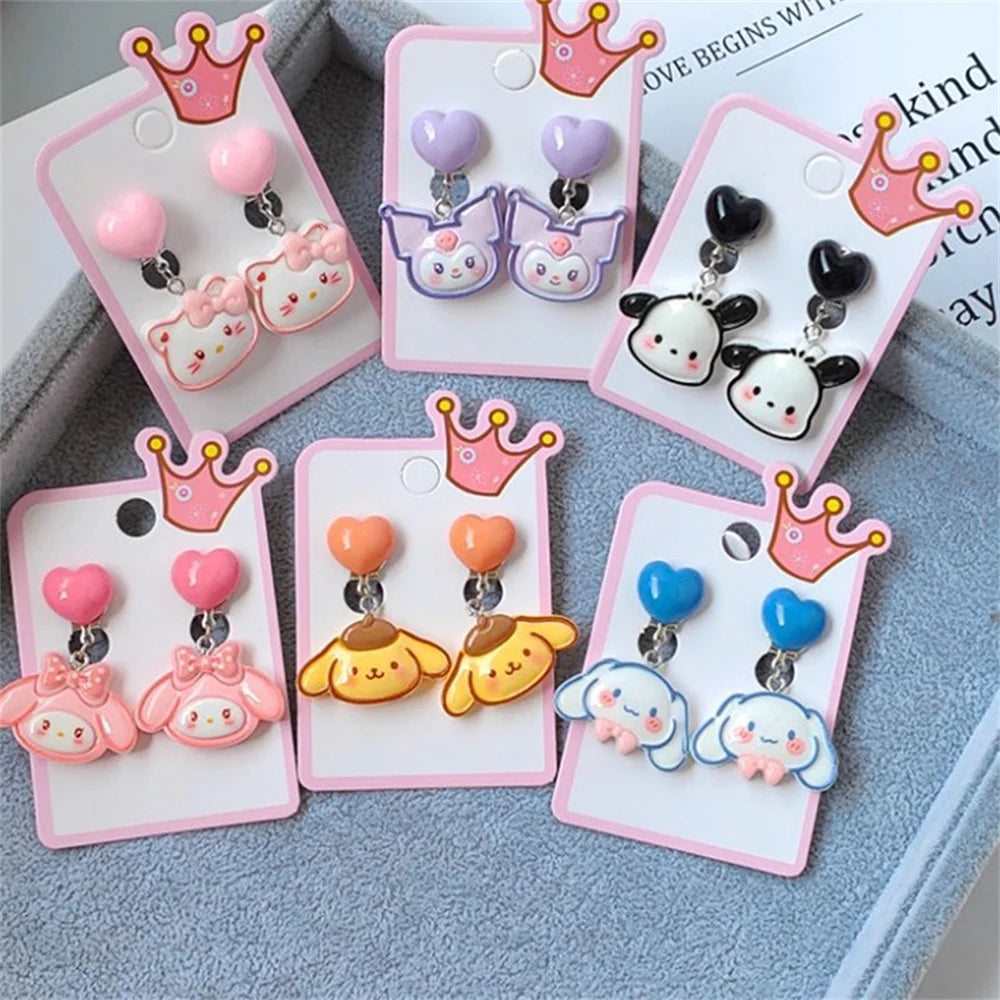 1Pair Sanrio Hello Kitty Cinnamoroll Kuromi Ear Clip Cartoon Cute Sweet Girl Creative Exquisite Pendant Earrings Jewelry Gifts