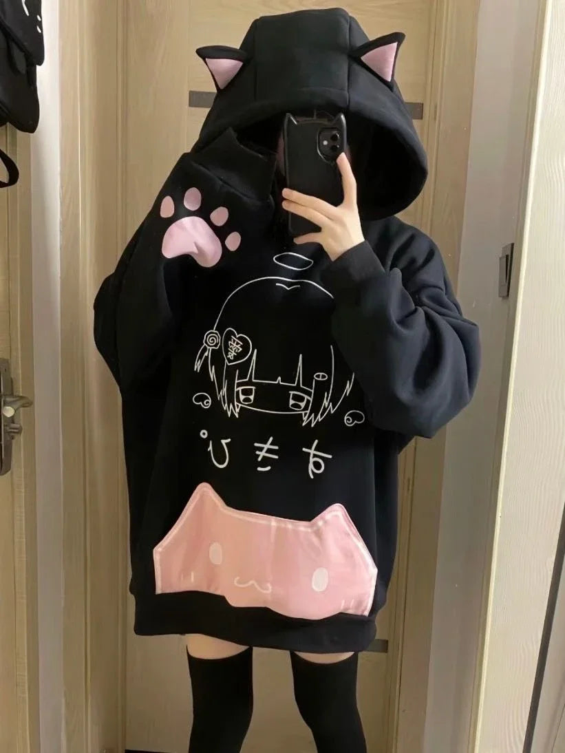 日本の漫画プリントフリースパーカー レディース 原宿ゴシック 猫耳 フード付き ヴィンテージ パーカー ストリートウェア Y2K 美的 スウェットシャツ