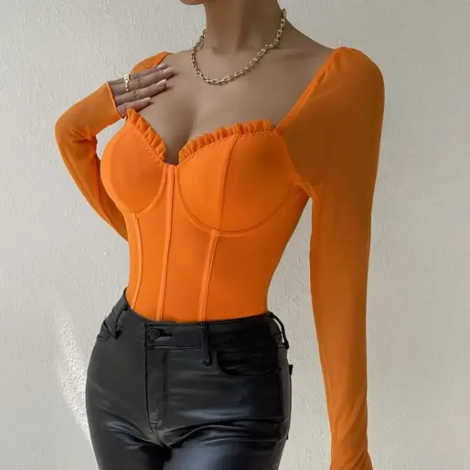 Women Sexy Mesh V Neck Slim Bodysuit Chic Long Sleeve Fashion Elastic Bodycone Jumpsuits Spring Autumn Hotsweet Gothic Playsuits