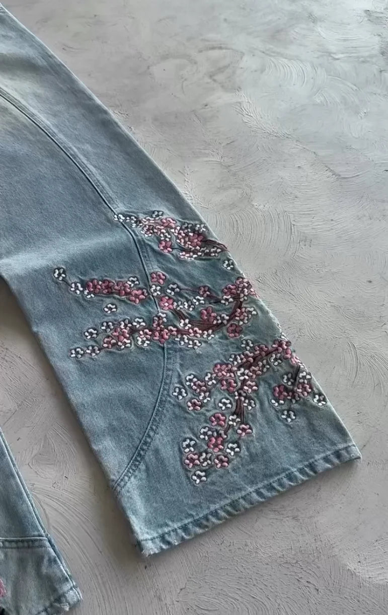 メンズ レディース チェリーブロッサムナイト オール刺繍 デニムパンツ Y2K ヴィンテージ バギー ストリート ストレートジーンズ ハイウエスト ウォッシュ加工 ブルージーンズ