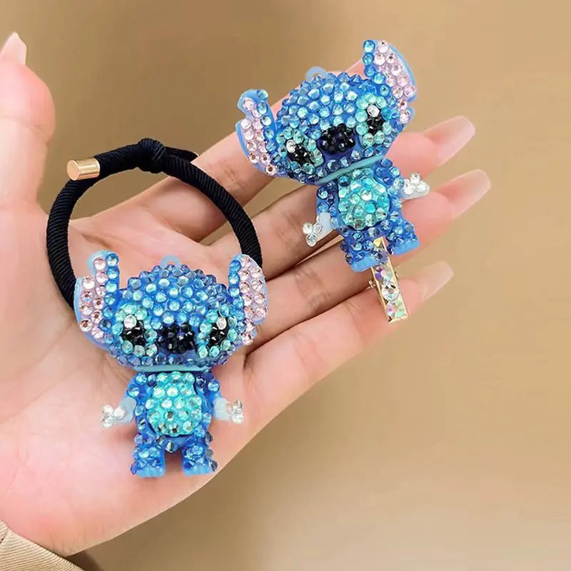Stitch Kawaii Full Diamond Hair Clip Hairpin Rhinestone Hair Ring Cute Cartoon Hair Tie Rubber Band A Birthday Gift for Girls