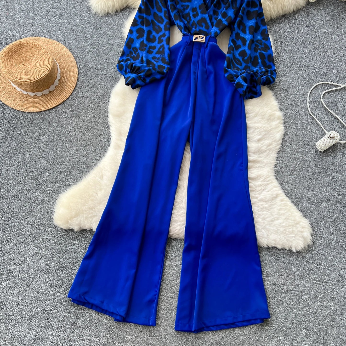 SINGREINY Autumn Leopard Long Jumpsuits V Neck Long Sleeves Belt Wide Legs Pants Women American Retro Senior Office Lady Rompers