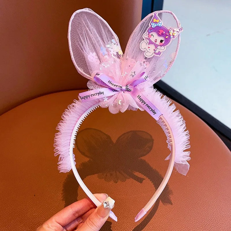 Kawaii Sanrio Kuromi Children Headband Hello Kitty Melody Cinnamoroll Cartoon Bow Shiny Hairband Hair Accessories Christmas Gift