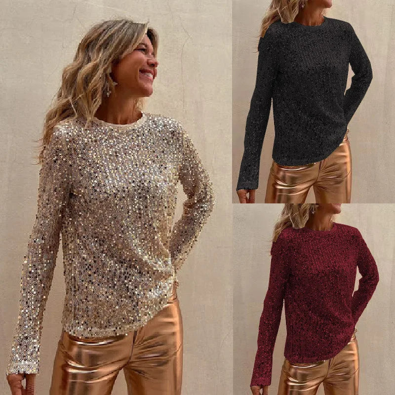 Women Sequins T-shirts Luxury Tops Spring Autumn Vintage Clothes Y2k Slim Long Sleeve Tops Female Clothing Steetwear