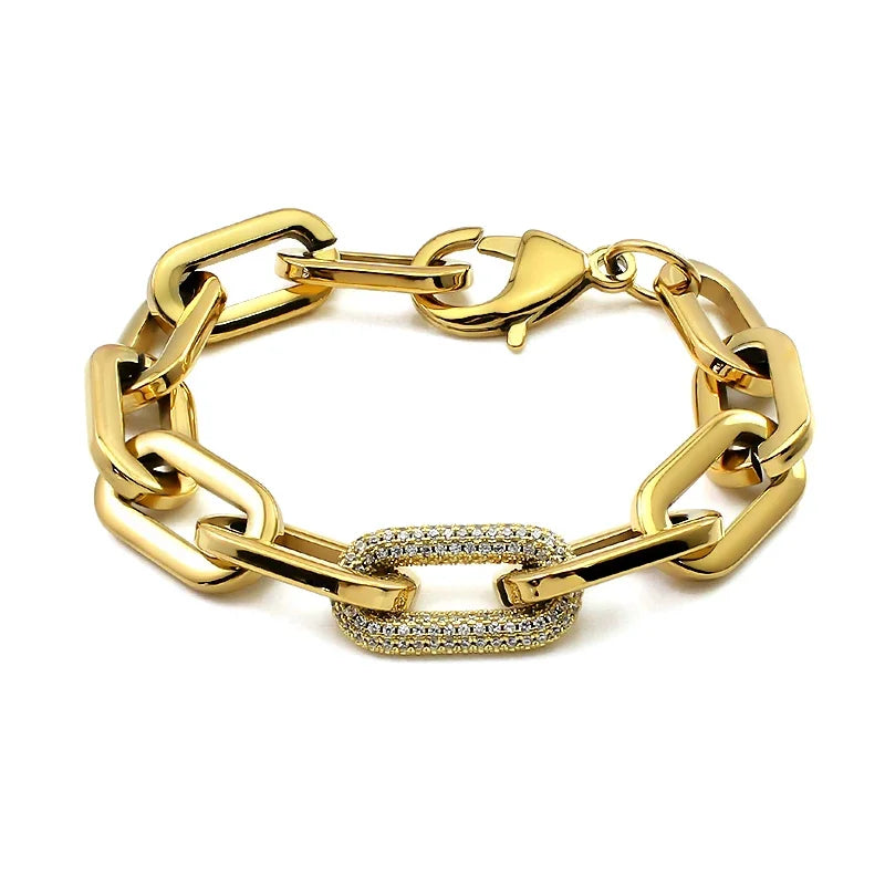 Fashion Women Big Chunky Bracelets Chains with Blink Rhinestones Link Gold Silver Color Surgical Stainless Steel Bracelets