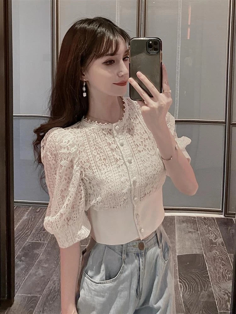 Woherb Sweet Crochet Top Blouse Women Sexy Hollow Out Shirt Vintage Puff Sleeve Korean Shirts Fashion Chic Tops Blusas