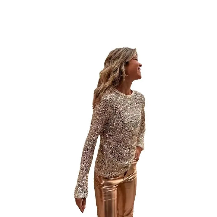 Women Sequins T-shirts Luxury Tops Spring Autumn Vintage Clothes Y2k Slim Long Sleeve Tops Female Clothing Steetwear