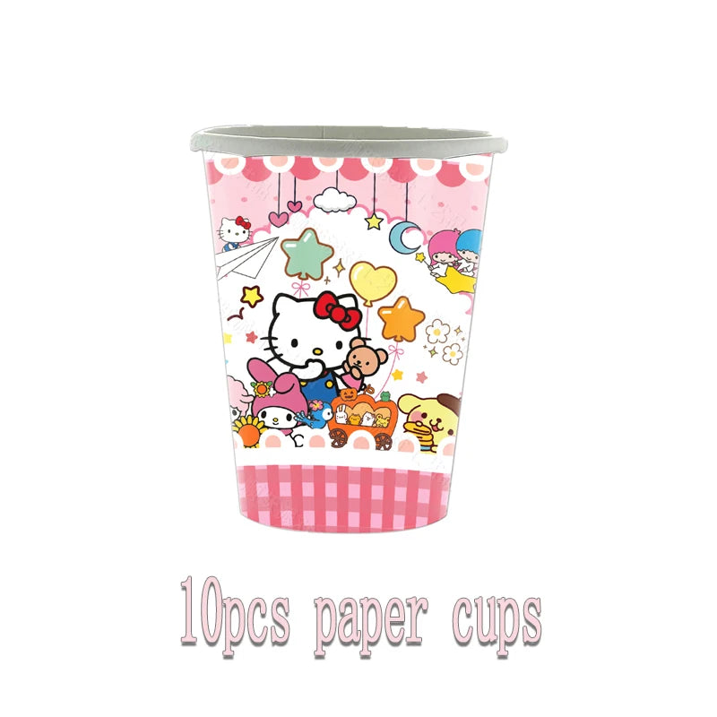 kawaii Sanrio Birthday Party cutlery plate Disposable Banner Cake Topper Hanging Flag Hello Kitty Balloons Birthday Decorations