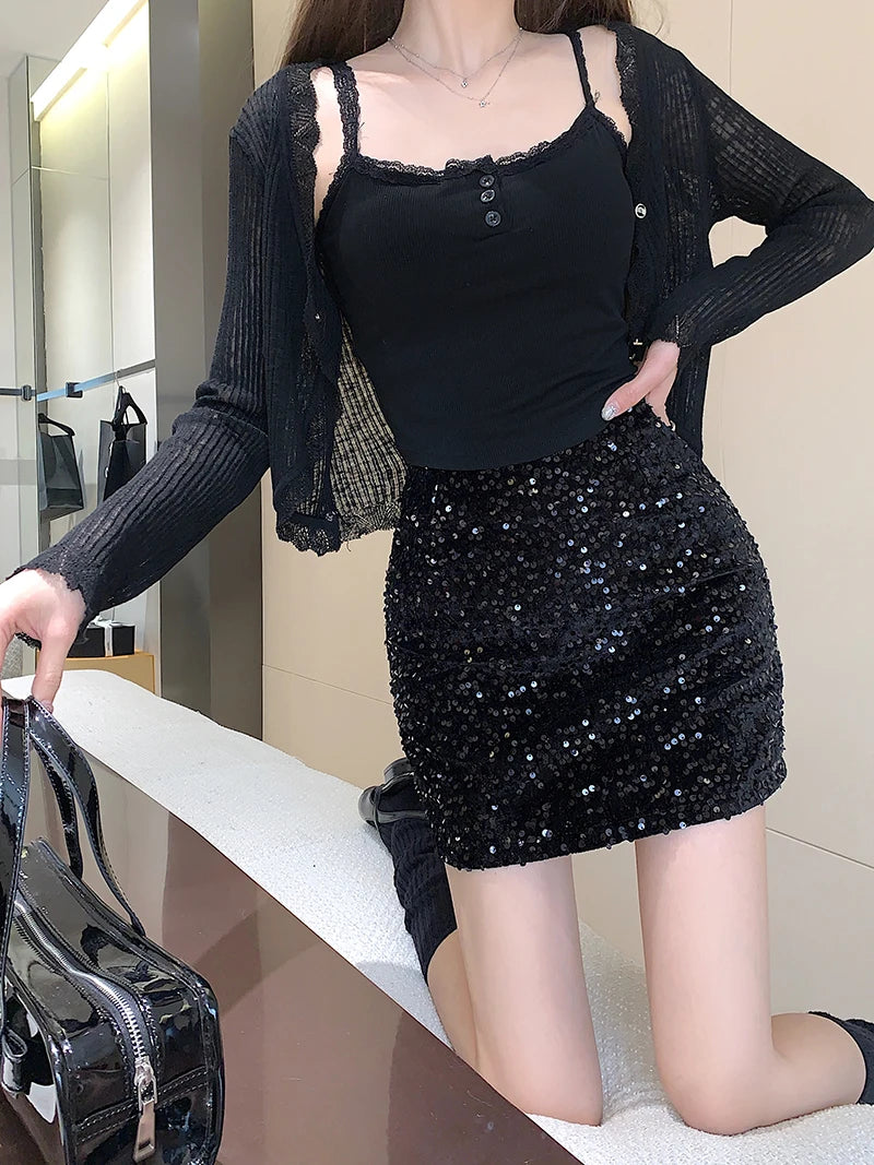 High Waist Sequined Casual A Line Skirts Women 2025 Elegant Korean Fashion Y2k Clothes Sweet Kawaii Black Micro Skirt Harajuku