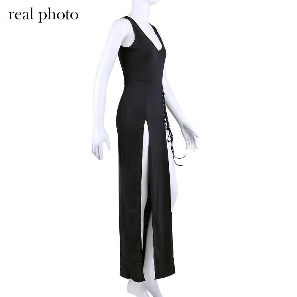 Goth Dark Gothic Coquette Sleeveless V-Neck Mid Dress Punk Sexy High Split Hem Corn Bandage Party Dresses Women Slim Streetwear