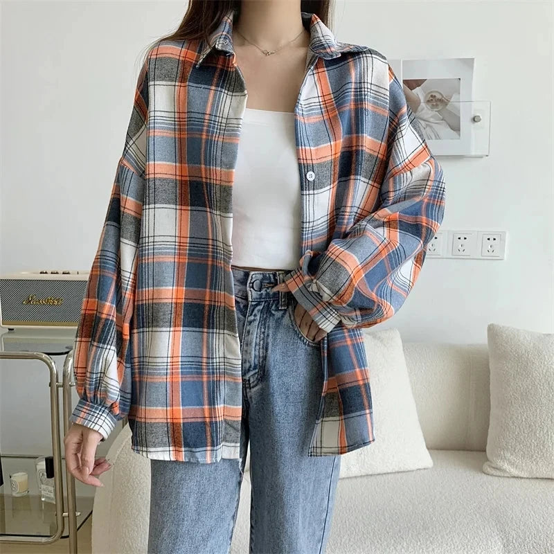 Women Tartan Shirt Long Sleeve Collared Button Up Oversized Plaid Shirt Jacket Grunge Fashion Teenage Girl Spring Summer Outfit