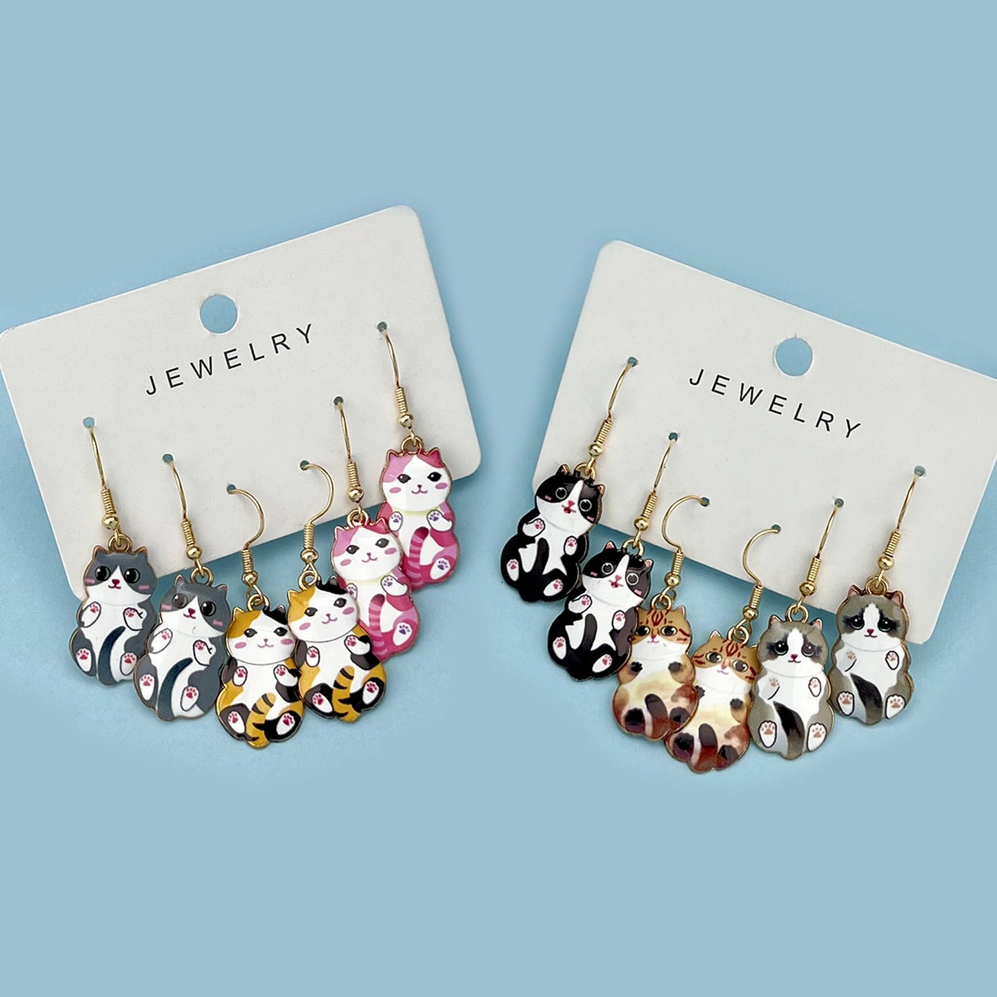 3Pairs/Set New Fun and Cute Enamel Alloy Cat Dangle Earrings Cartoon Style Colored Cat Ear Jewelry Set Gift For Women Girls