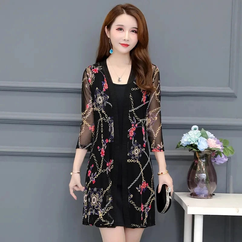 2024 Female Mid Length Large Size Sun Protection Cardigan Tops Coat Women Summer Gauze Lace Print Thin Sun Sunscreen Jacket 5XL