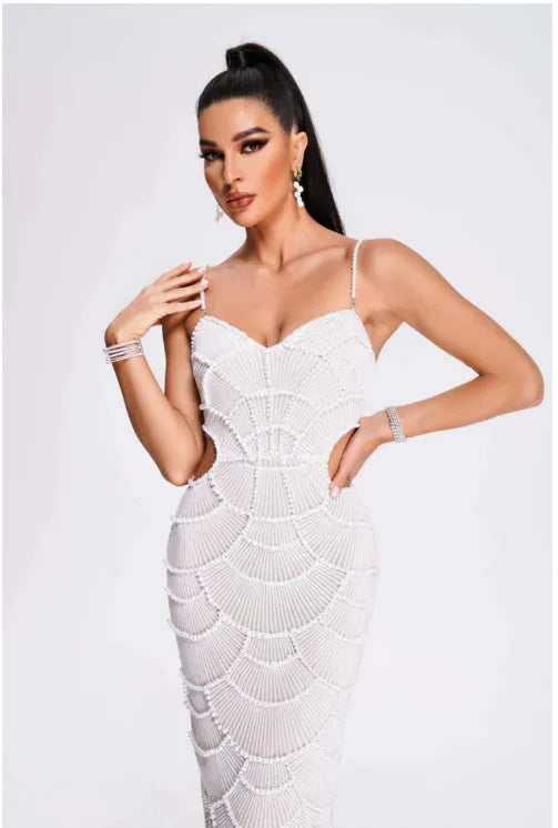 Deluxe Exquisite Sequin Beaded Sexy Hollow Suspender Dress Celebrity Birthday Party Dinner Dress Sweet Date Prom Dress