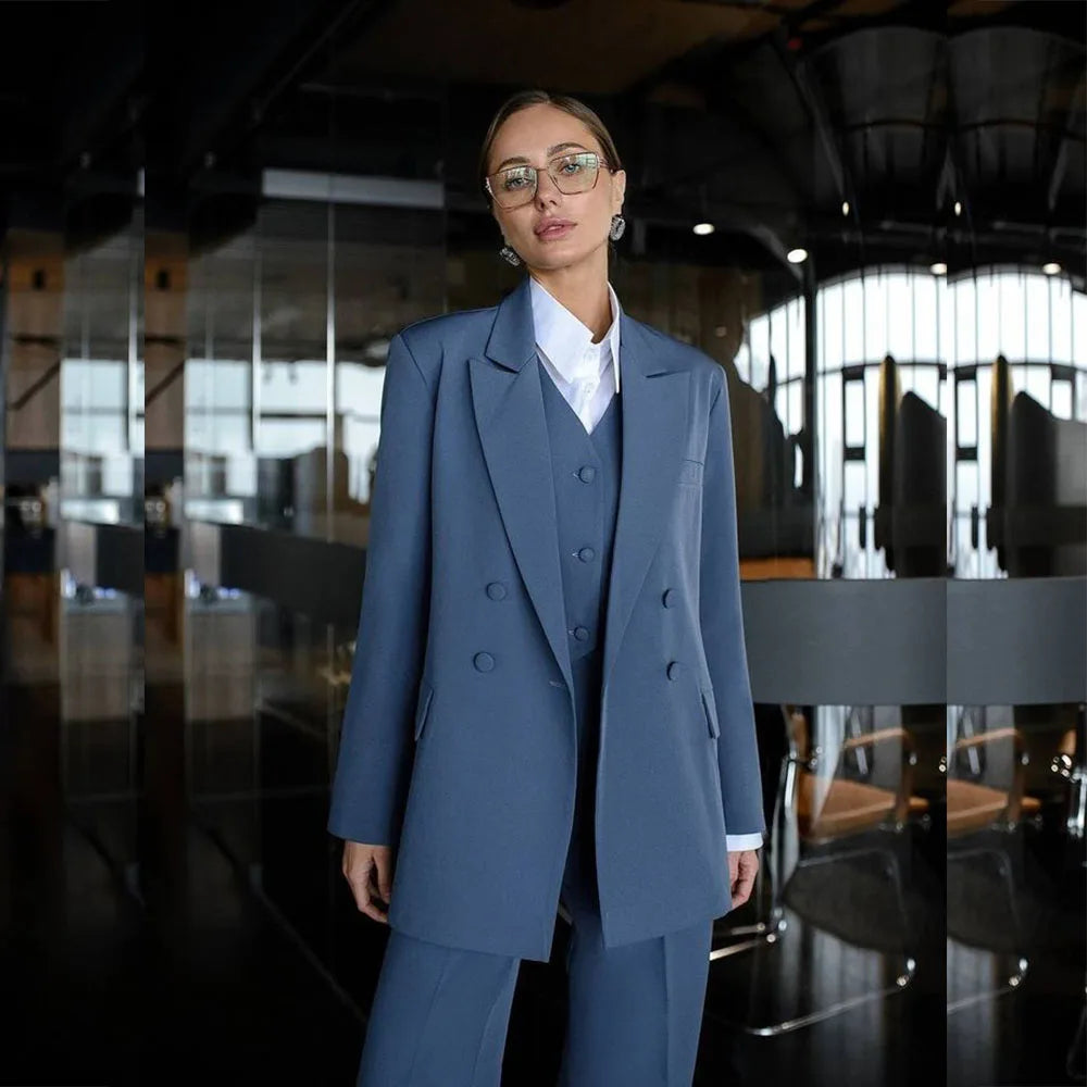 High Quality Solid Color Women's Suits Blazer Fashion Slim Fit Double Breasted Peak Lapel 3 Piece Jacket Pants Vest Full Sets