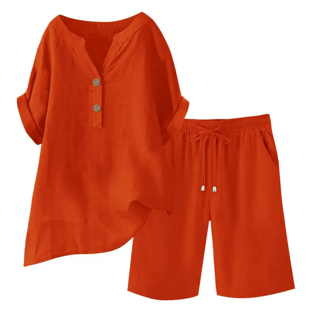 Women 2-piece Set Women's Cotton Linen 2 Piece Outfits Short Sleeve V-neck Top Wide Leg Shorts Set for Summer Lounge Wear Women