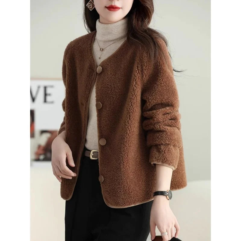 Autumn Winter Women Korean Fashion Luxury Chic Lamb Plush Button Jackets Retro Elegant Solid O Neck Long Sleeve Loose Warm Coats
