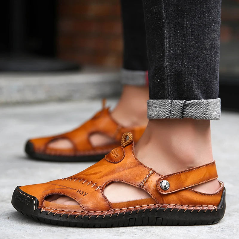 Sandals Man Summer 2023 Leather Slides Breathable Rome Male Outdoor Beach Platform Slippers Soft Hot Sale Men Flat Sandals