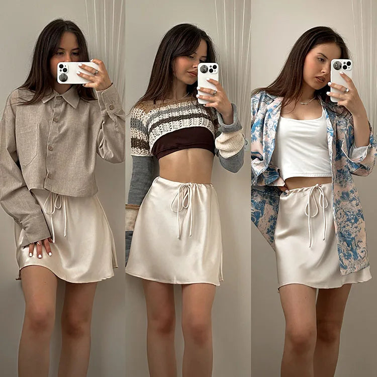 Satin Mini Skirts Women Summer Beige Silk Short Skirt For Woman Drawstring High Waist Black Satin Skirt A Line Women Short 2025