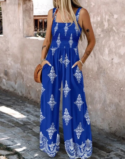 Summer New Women's Woven Position Printing Halterone-piece Overall Pants with Pockets Wide-leg Pants